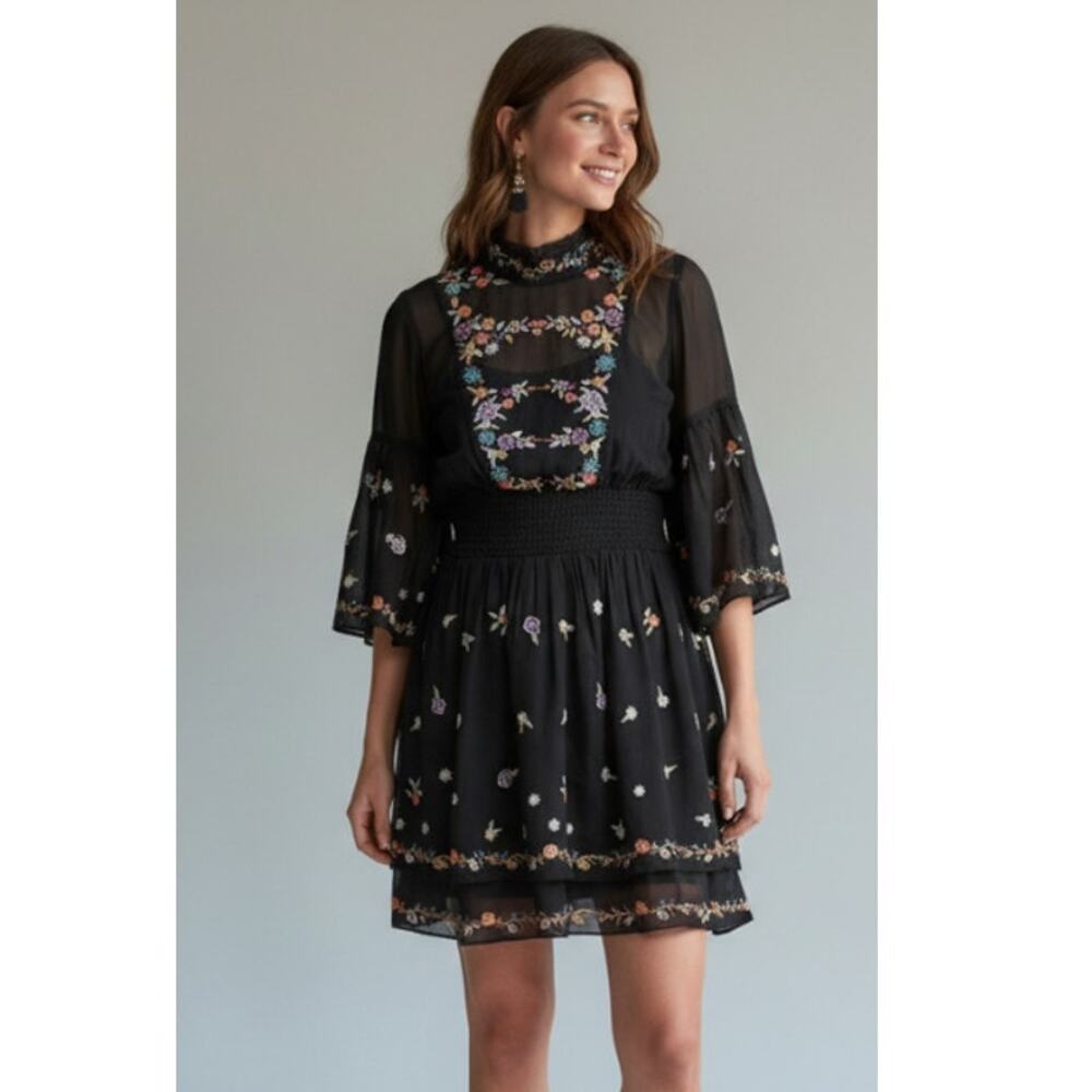 Anthropologie Anfisa Tunic Embroidered Short Dress by Maeve Black Size 10